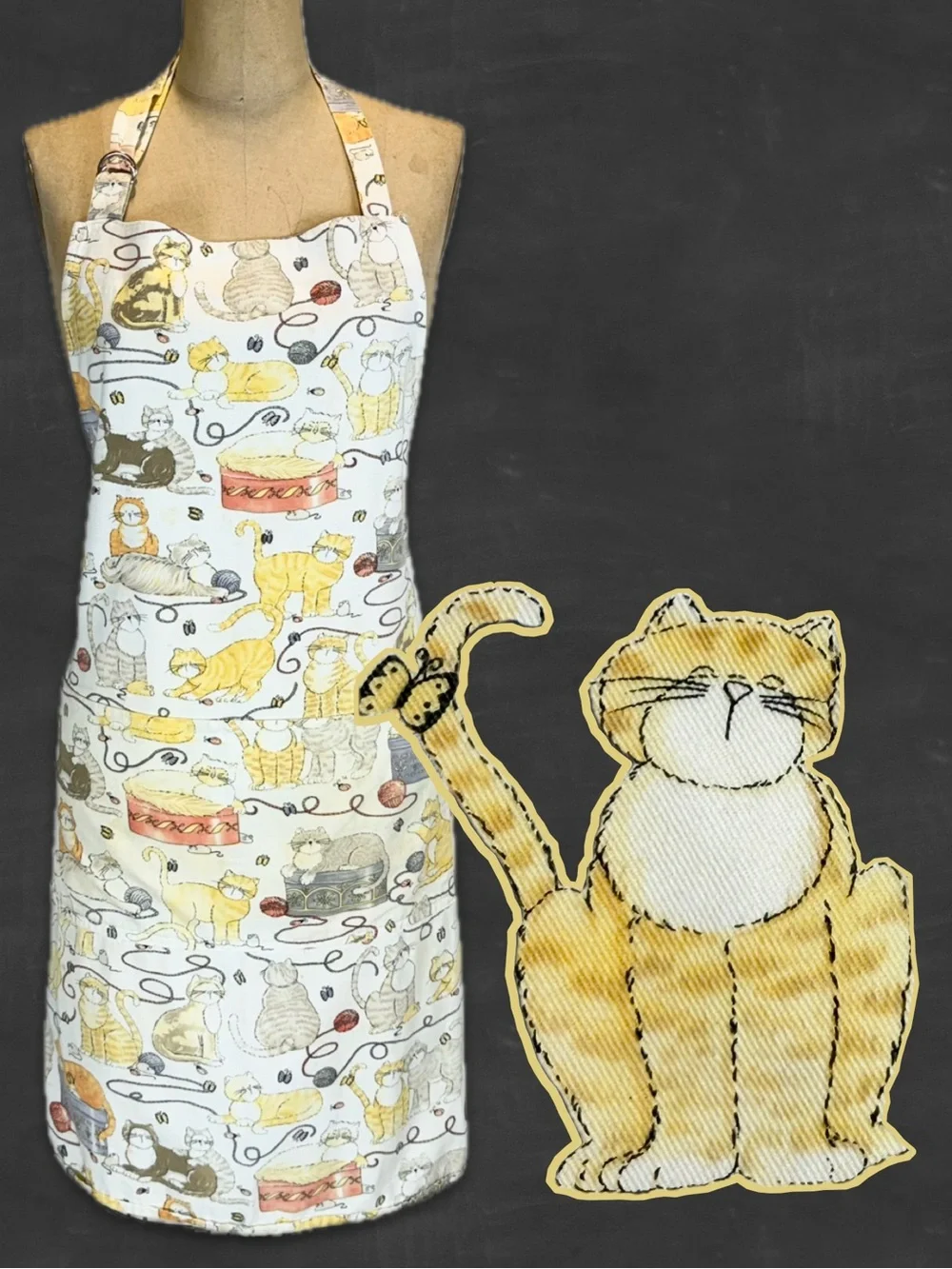 VINTAGE cats kitchen studio craft full apron 100% cotton kitty cat pet lover 90s
